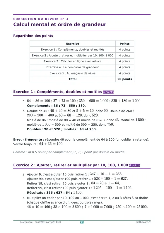 Page 93 du livre Mathovore « Contrôles corrigés de mathématiques CM1 » : Correction n° 4 : Calcul mental et ordre de grandeur
