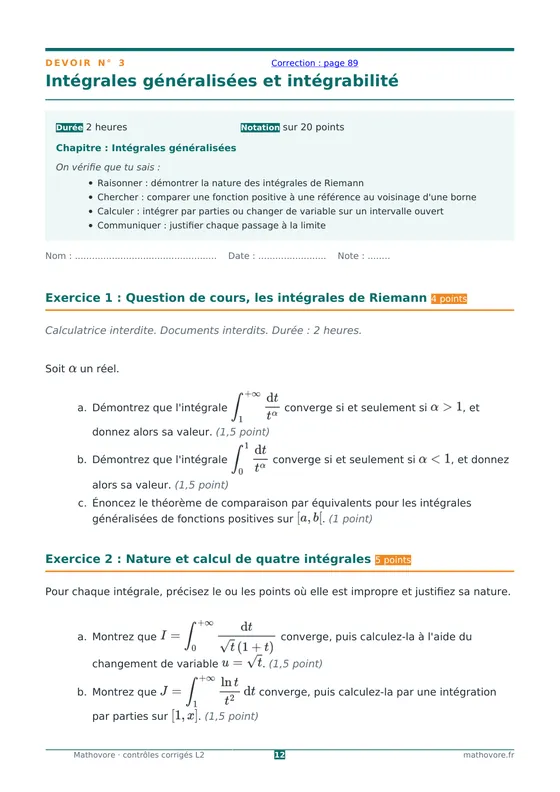 Page 12 du livre Mathovore « Contrôles corrigés de mathématiques L2 » : Devoir n° 3 : Intégrales généralisées et intégrabilité