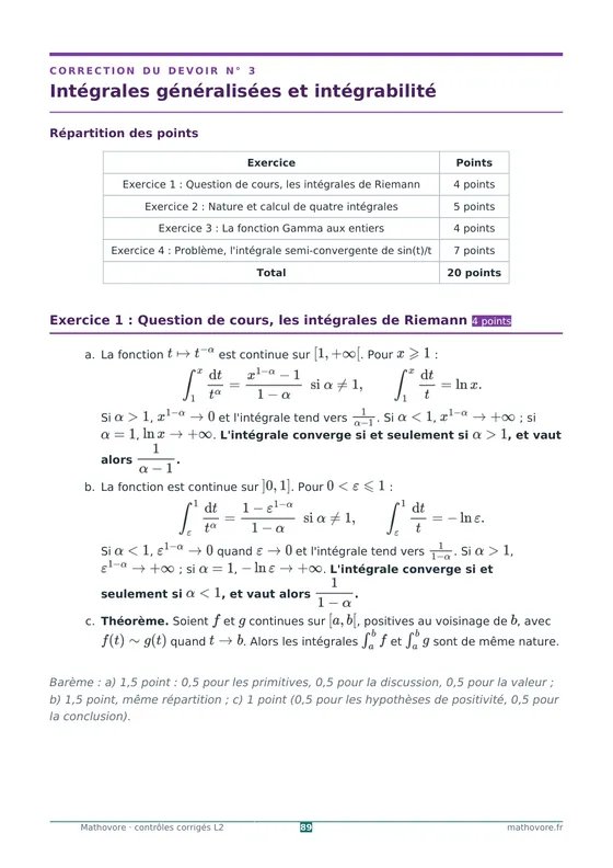 Page 89 du livre Mathovore « Contrôles corrigés de mathématiques L2 » : Correction n° 3 : Intégrales généralisées et intégrabilité