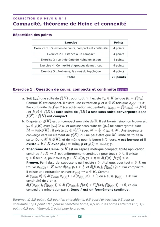 Page 93 du livre Mathovore « Contrôles corrigés de mathématiques L3 » : Correction n° 3 : Compacité, théorème de Heine et connexité