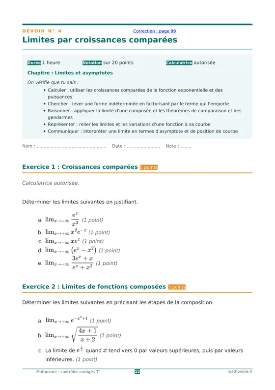 Page 15 du livre Mathovore « Contrôles corrigés de mathématiques Terminale » : Devoir n° 4 : Limites par croissances comparées