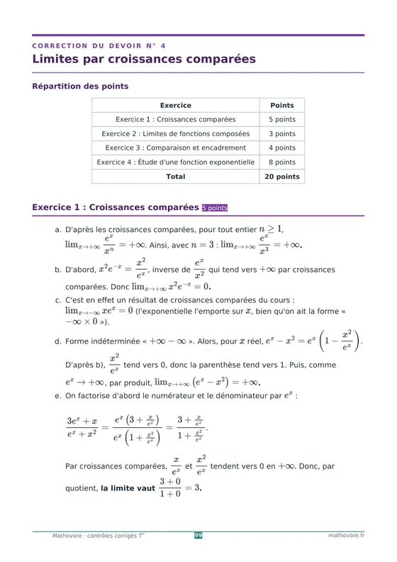 Page 99 du livre Mathovore « Contrôles corrigés de mathématiques Terminale » : Correction n° 4 : Limites par croissances comparées