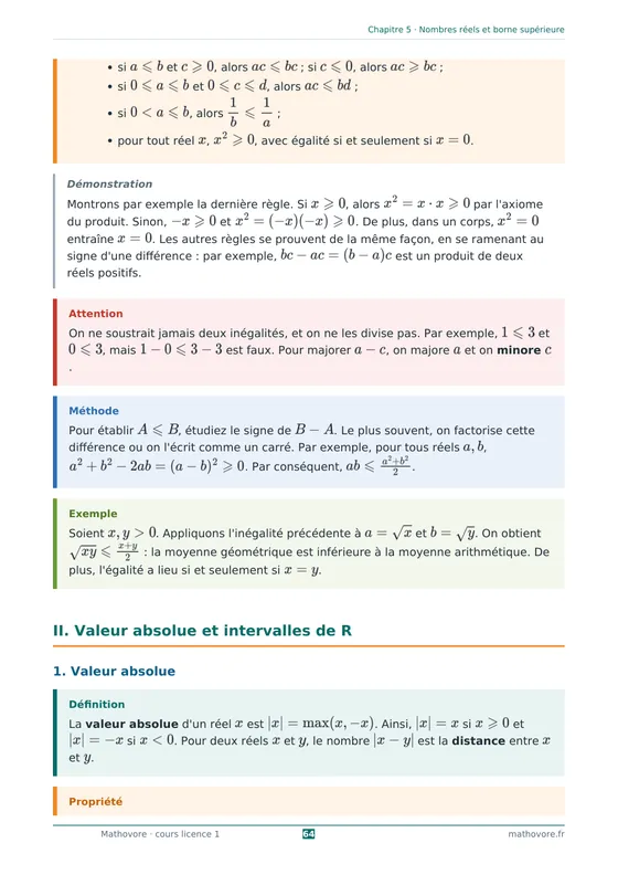 Page 64 du livre Mathovore « Cours de mathématiques L1 » : Chapitre 5 : Nombres réels et borne supérieure
