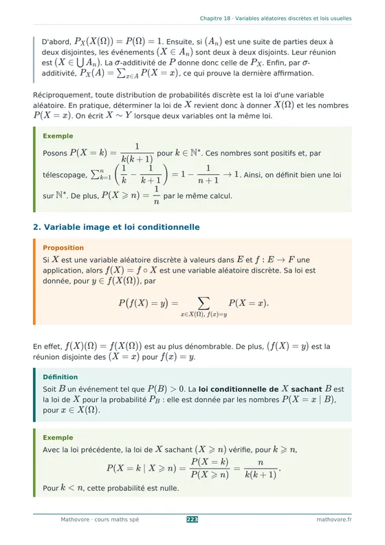 Page 223 du livre Mathovore « Cours de mathématiques Maths spé » : Chapitre 18 : Variables aléatoires discrètes et lois usuelles