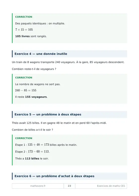 Page 24 du livre Mathovore « Exercices corrigés de mathématiques CE1 »