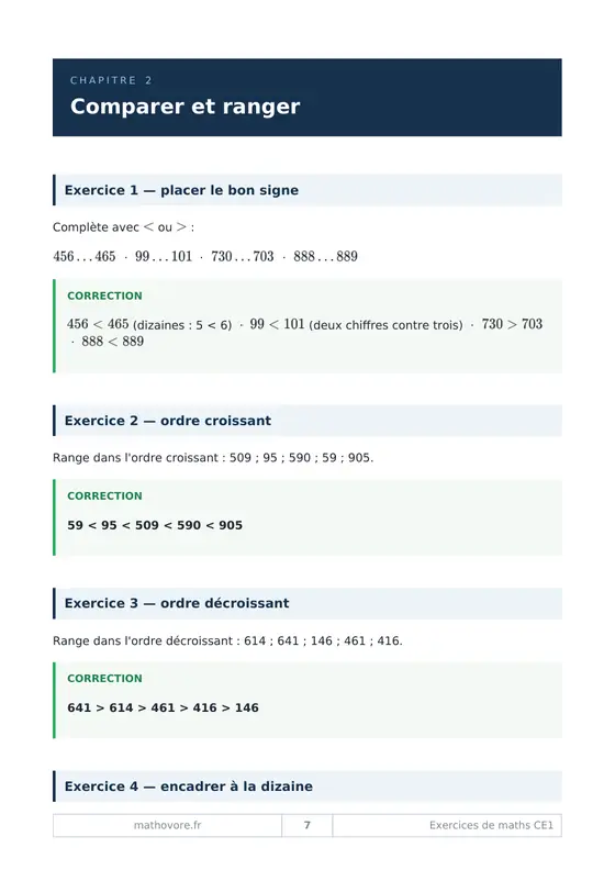 Page 8 du livre Mathovore « Exercices corrigés de mathématiques CE1 »