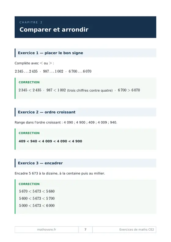 Page 8 du livre Mathovore « Exercices corrigés de mathématiques CE2 »