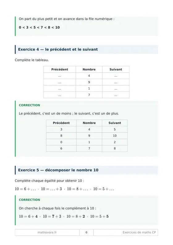 Page 7 du livre Mathovore « Exercices corrigés de mathématiques CP »