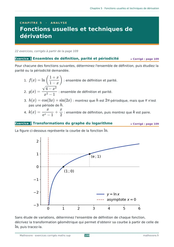 Page 100 du livre Mathovore « Exercices corrigés de mathématiques Maths sup » : énoncés du chapitre 5, Fonctions usuelles et techniques de dérivation