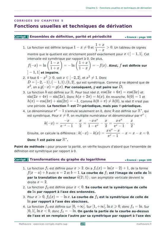Page 109 du livre Mathovore « Exercices corrigés de mathématiques Maths sup » : corrigés du chapitre 5, Fonctions usuelles et techniques de dérivation