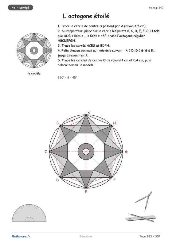 Page 283 du livre Mathovore « Géométrix » : corrigé de l'octogone étoilé, traits de construction en rouge