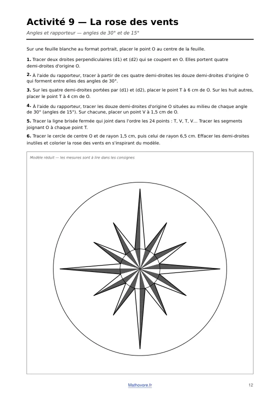Page 12 du livre Mathovore « Kaléidoscope » : l'activité 9, la rose des vents