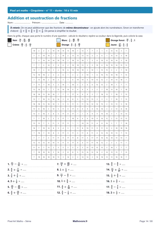 Page 14 du livre Mathovore « Pixel Maths 5e » : un coloriage