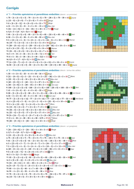 Page 69 du livre Mathovore « Pixel Maths 5e » : les corrigés