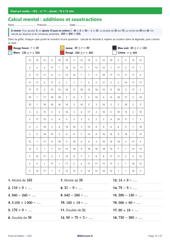 Page 14 du livre Mathovore « Pixel Maths CE2 » : un coloriage