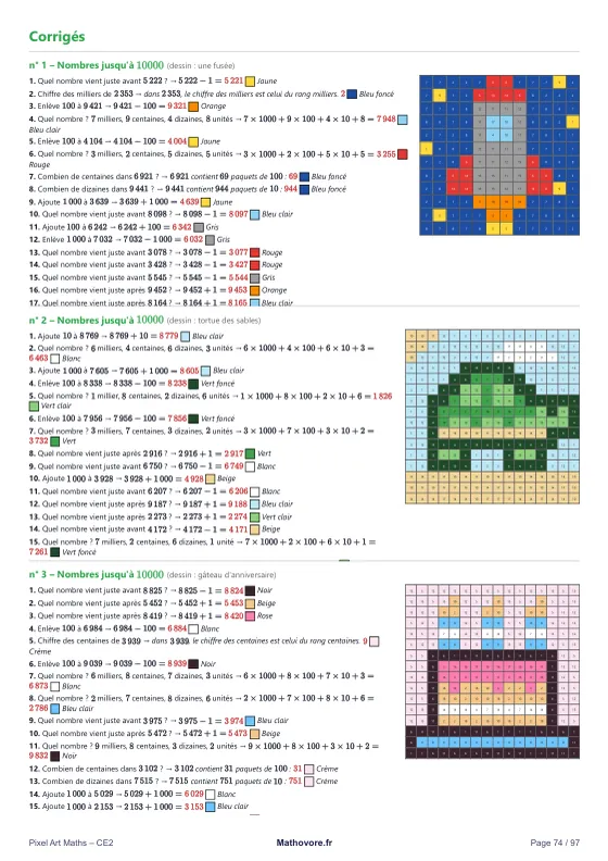 Page 74 du livre Mathovore « Pixel Maths CE2 » : les corrigés
