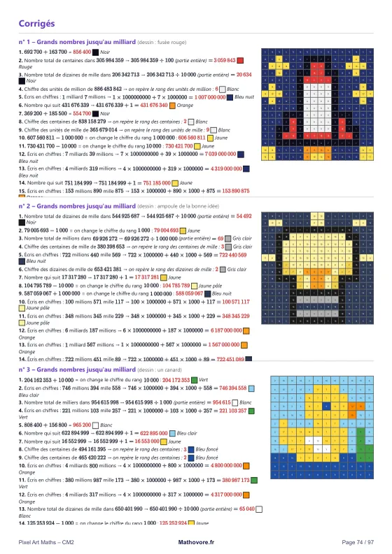 Page 74 du livre Mathovore « Pixel Maths CM2 » : les corrigés