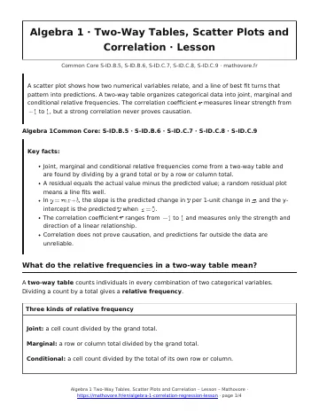 Page 1 of the Algebra 1 Two-Way Tables, Scatter Plots and Correlation lesson PDF