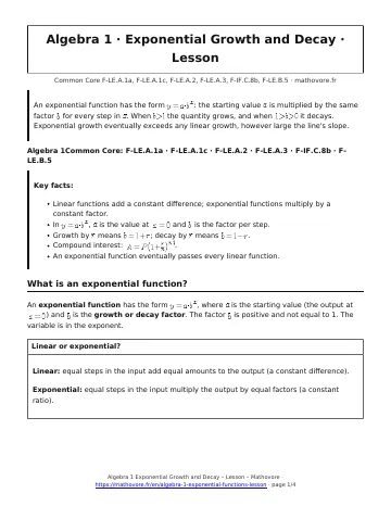 Page 1 of the Algebra 1 Exponential Growth and Decay lesson PDF
