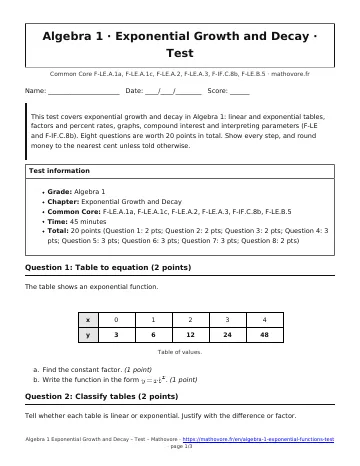 Page 1 of the Algebra 1 Exponential Growth and Decay test PDF