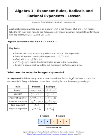 Page 1 of the Algebra 1 Exponent Rules, Radicals and Rational Exponents lesson PDF