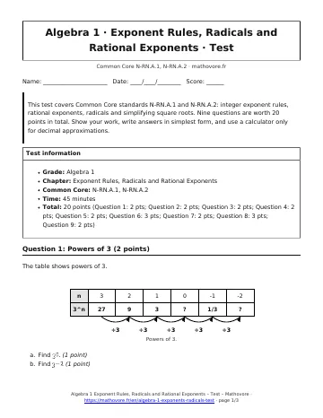 Page 1 of the Algebra 1 Exponent Rules, Radicals and Rational Exponents test PDF