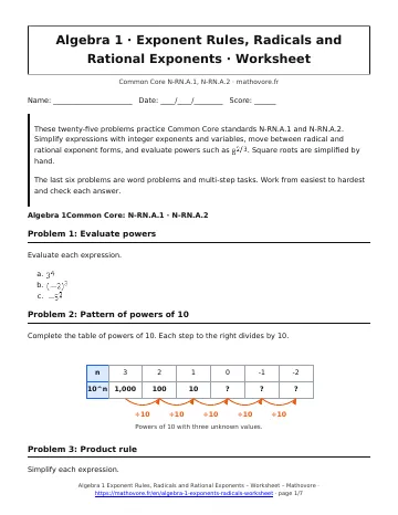 Page 1 of the Algebra 1 Exponent Rules, Radicals and Rational Exponents worksheet PDF