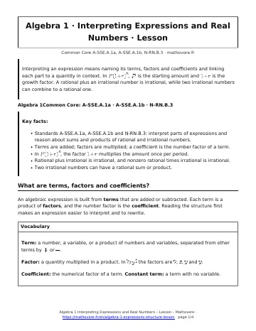 Page 1 of the Algebra 1 Interpreting Expressions and Real Numbers lesson PDF