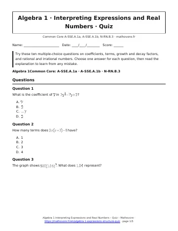 Page 1 of the Algebra 1 Interpreting Expressions and Real Numbers quiz PDF