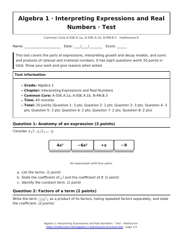 Page 1 of the Algebra 1 Interpreting Expressions and Real Numbers test PDF