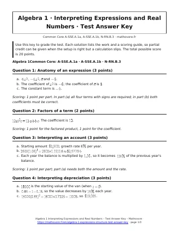 Page 1 of the Algebra 1 Interpreting Expressions and Real Numbers test answer key PDF