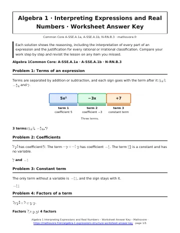 Page 1 of the Algebra 1 Interpreting Expressions and Real Numbers worksheet answer key PDF