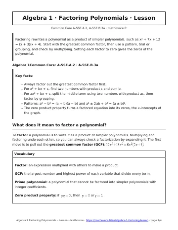 Page 1 of the Algebra 1 Factoring Polynomials lesson PDF