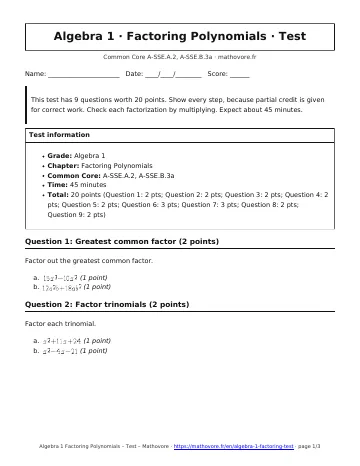 Page 1 of the Algebra 1 Factoring Polynomials test PDF