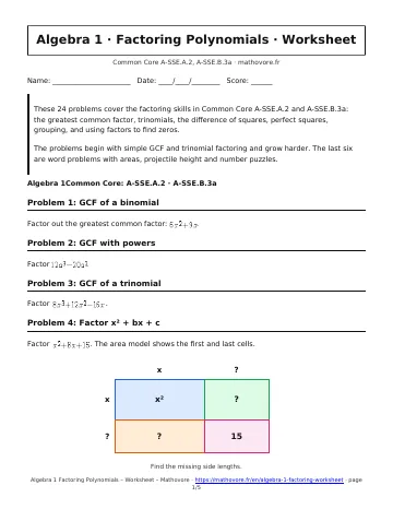 Page 1 of the Algebra 1 Factoring Polynomials worksheet PDF
