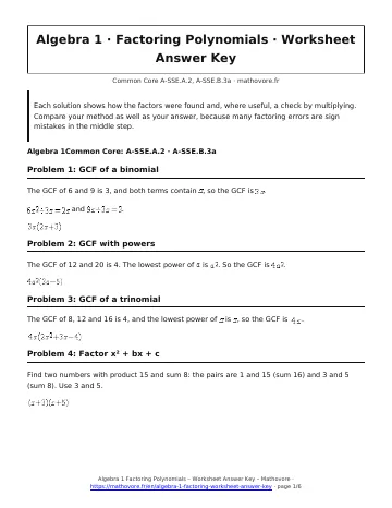 Page 1 of the Algebra 1 Factoring Polynomials worksheet answer key PDF