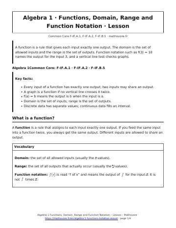 Page 1 of the Algebra 1 Functions, Domain, Range and Function Notation lesson PDF