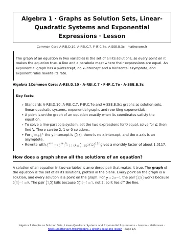 Page 1 of the Algebra 1 Graphs as Solution Sets, Linear-Quadratic Systems and Exponential Expressions lesson PDF