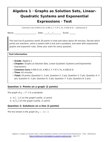 Page 1 of the Algebra 1 Graphs as Solution Sets, Linear-Quadratic Systems and Exponential Expressions test PDF