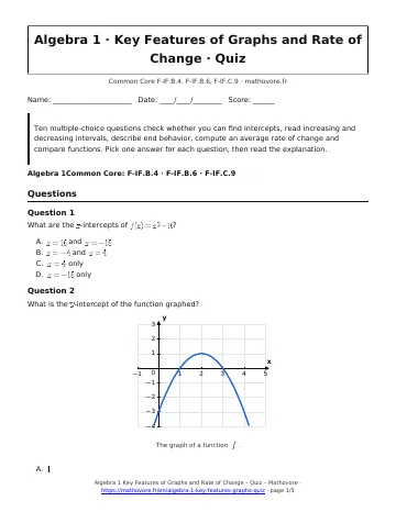 Page 1 of the Algebra 1 Key Features of Graphs and Rate of Change quiz PDF