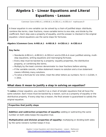 Page 1 of the Algebra 1 Linear Equations and Literal Equations lesson PDF