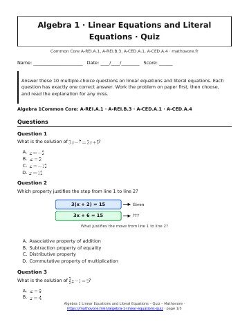 Page 1 of the Algebra 1 Linear Equations and Literal Equations quiz PDF