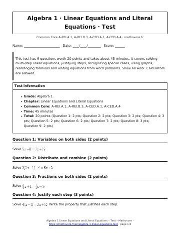 Page 1 of the Algebra 1 Linear Equations and Literal Equations test PDF