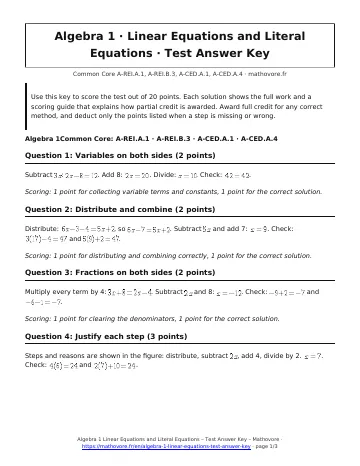 Page 1 of the Algebra 1 Linear Equations and Literal Equations test answer key PDF