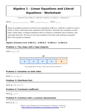 Page 1 of the Algebra 1 Linear Equations and Literal Equations worksheet PDF
