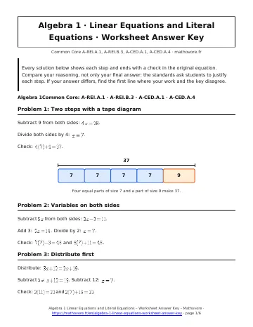 Page 1 of the Algebra 1 Linear Equations and Literal Equations worksheet answer key PDF
