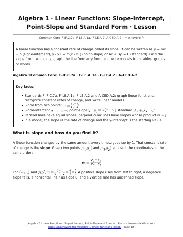 Page 1 of the Algebra 1 Linear Functions: Slope-Intercept, Point-Slope and Standard Form lesson PDF