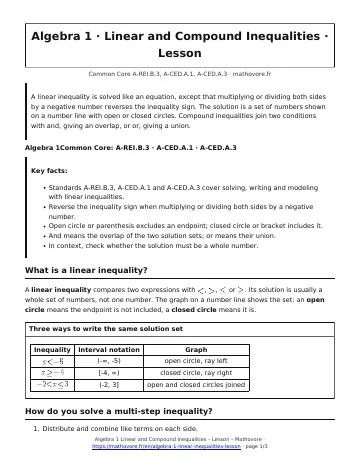 Page 1 of the Algebra 1 Linear and Compound Inequalities lesson PDF