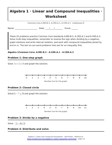 Page 1 of the Algebra 1 Linear and Compound Inequalities worksheet PDF