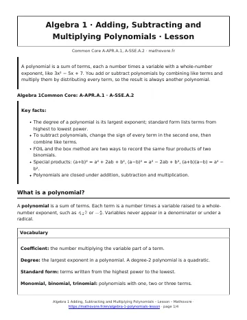Page 1 of the Algebra 1 Adding, Subtracting and Multiplying Polynomials lesson PDF